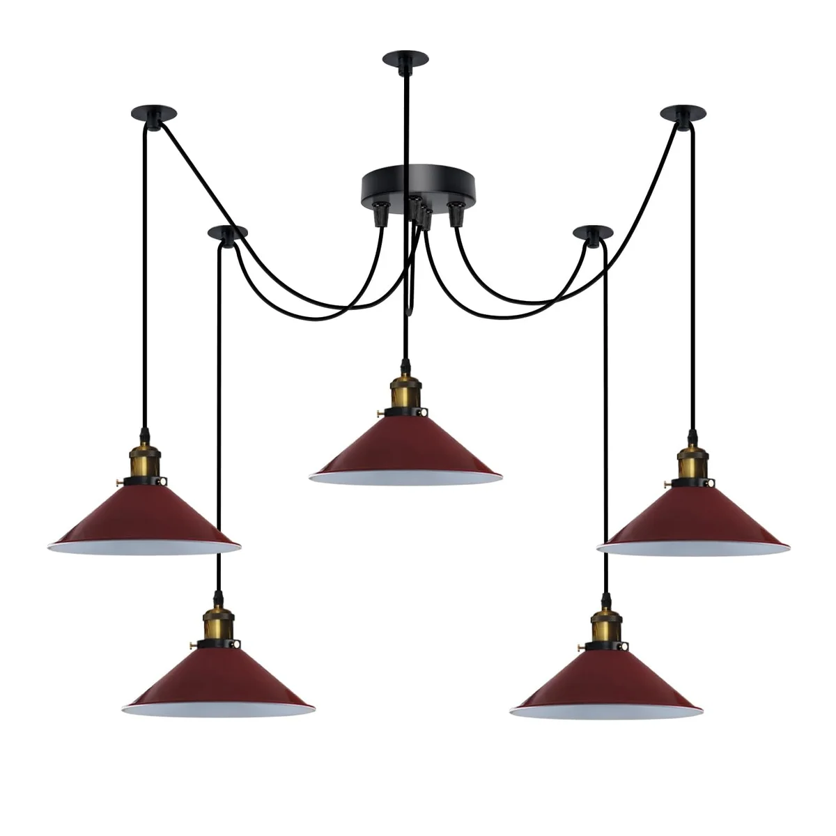 Vintage industrial 5 light adjustable pendant light with metal shades and fabric covered cables hanging from ceiling rose