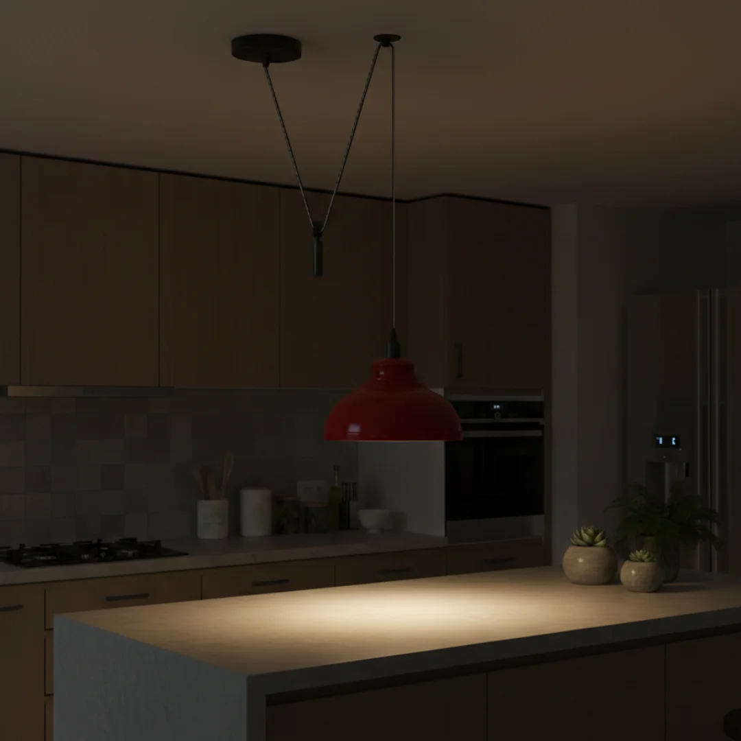 Adjustable industrial rise and fall pendant light with pulley system and spider mount hanging above wooden table