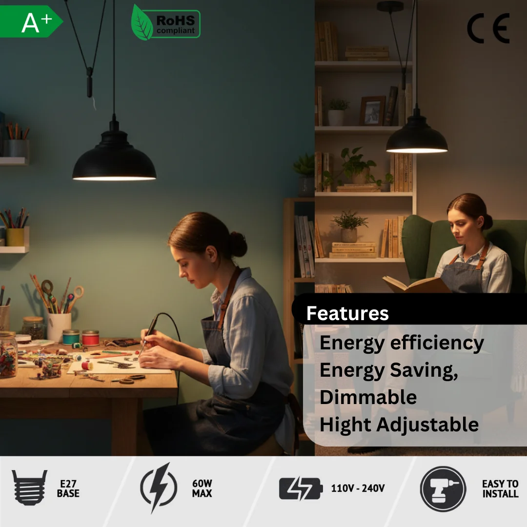 Adjustable spider style ceiling light with pulley system and metal finish hanging over a kitchen island in industrial style