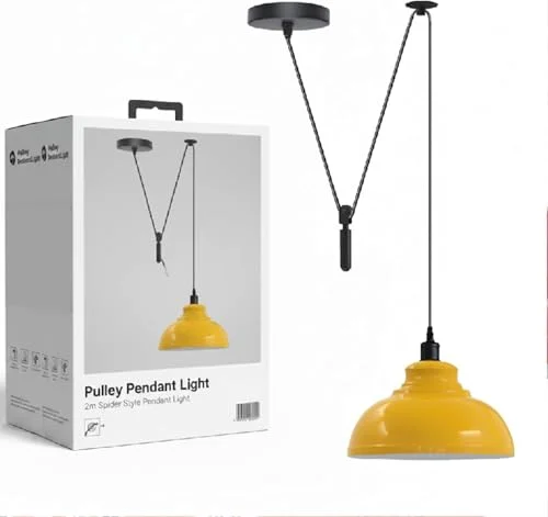 Adjustable industrial metal pendant lighting with rise and fall pulley system and spider-style ceiling mount in rustic setting