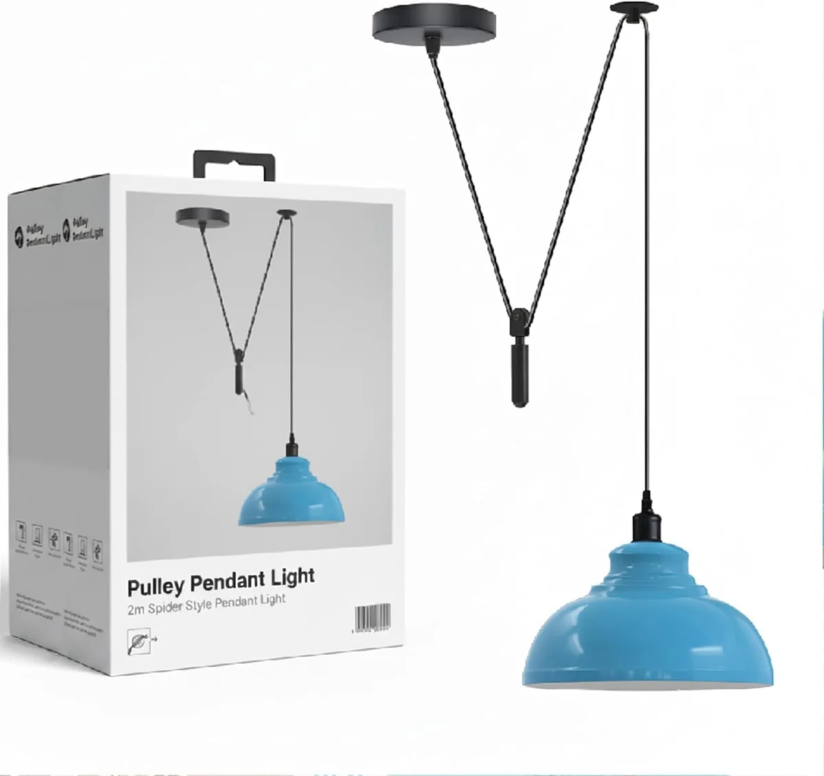 Adjustable pulley pendant light with industrial metal finish and spider-style ceiling mount, showing pulley and counterweight system