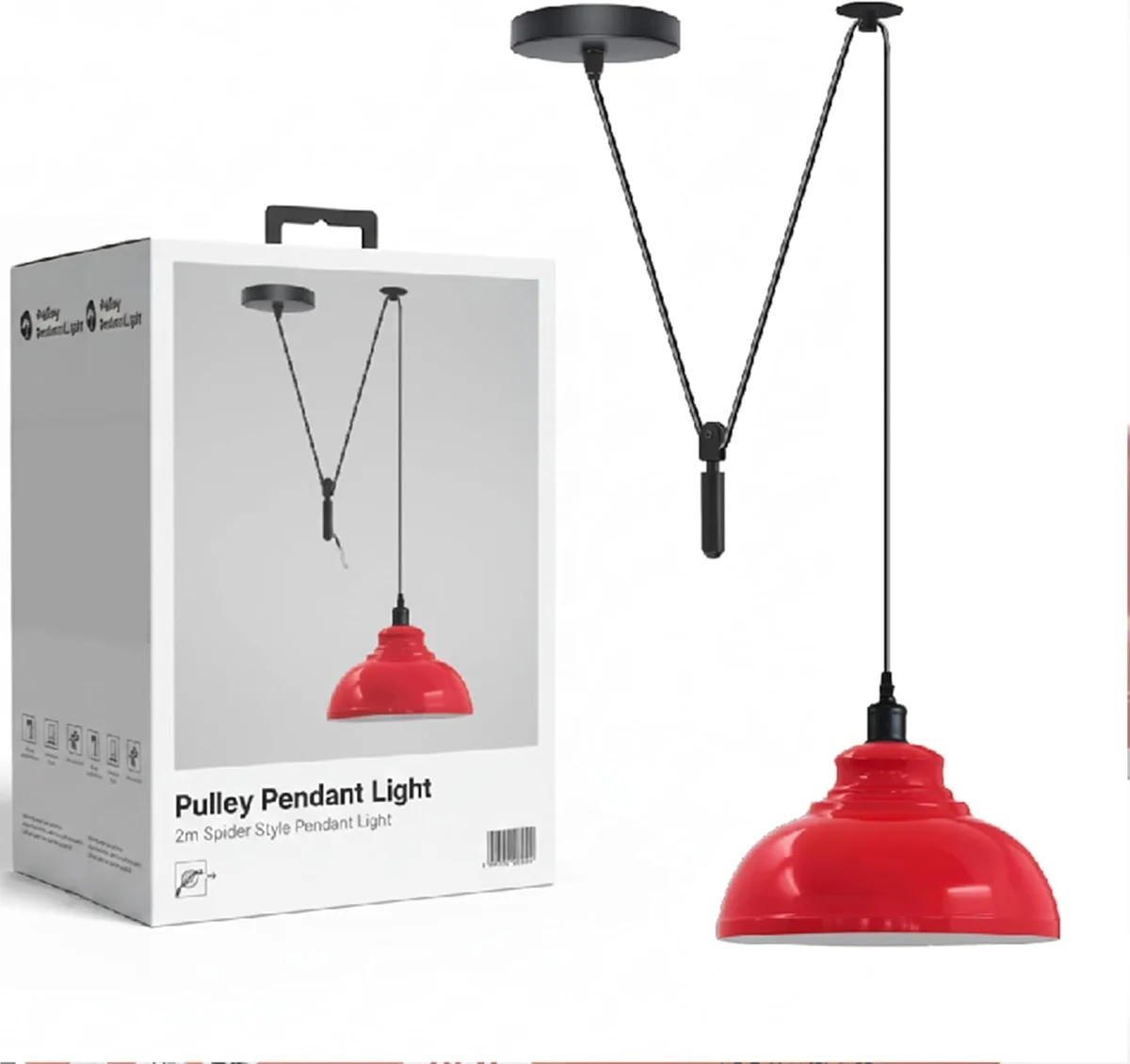 Adjustable pulley pendant light with industrial metal finish and spider-style mount hanging above a wooden dining table