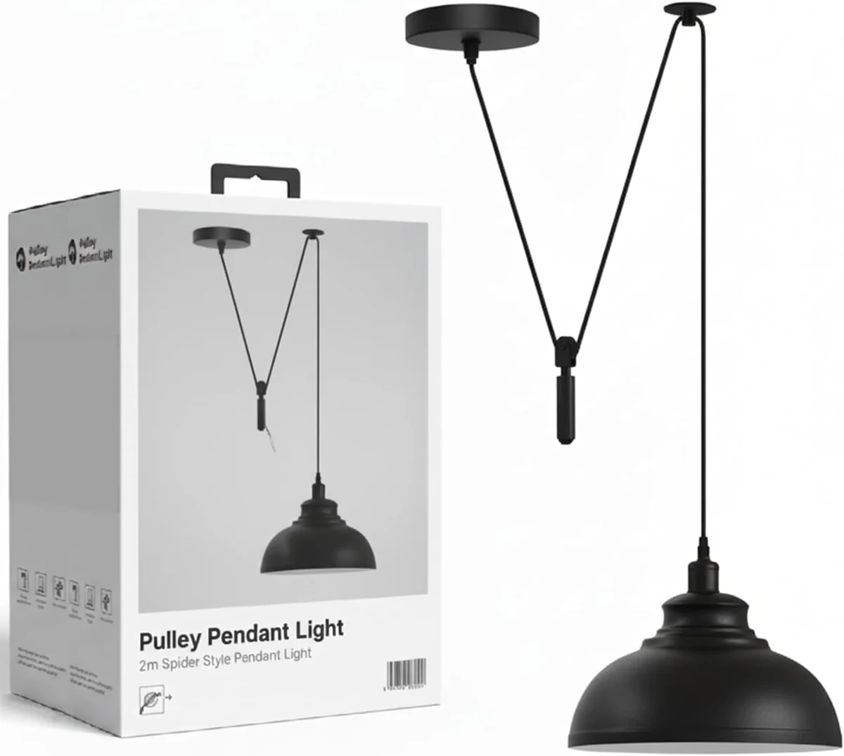 Adjustable pulley pendant light with metal spider mount and exposed pulley mechanism hanging from ceiling in industrial style room
