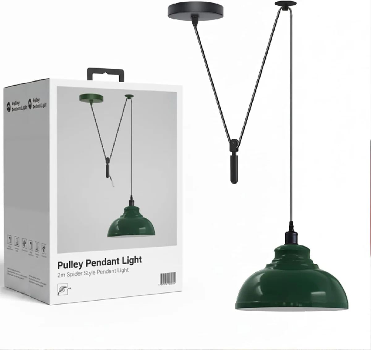 Adjustable pulley pendant light with industrial metal finish and exposed pulley system hanging from ceiling with spider mount