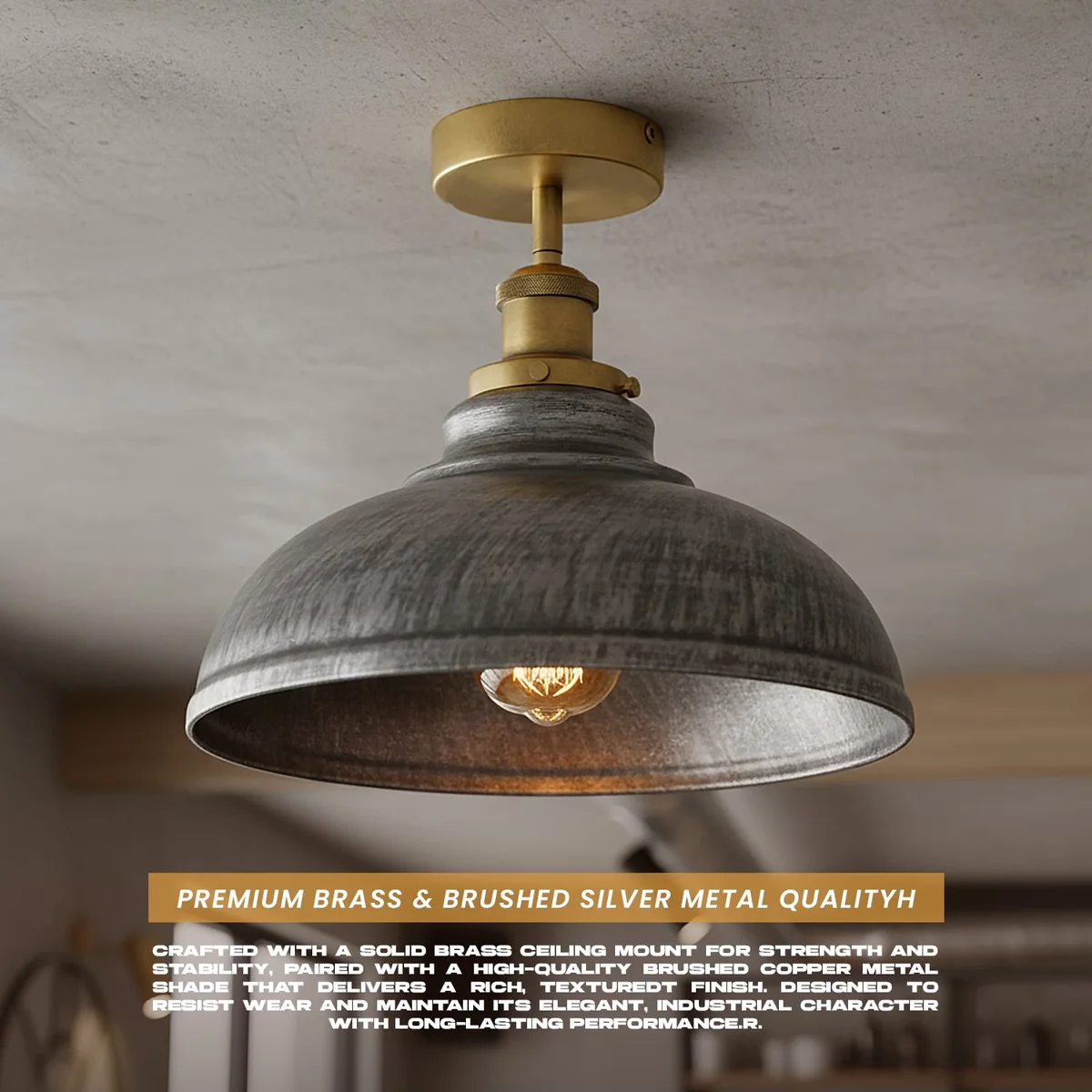 Industrial semi-flush ceiling light with vintage metal dome shade in brushed copper finish against white ceiling background