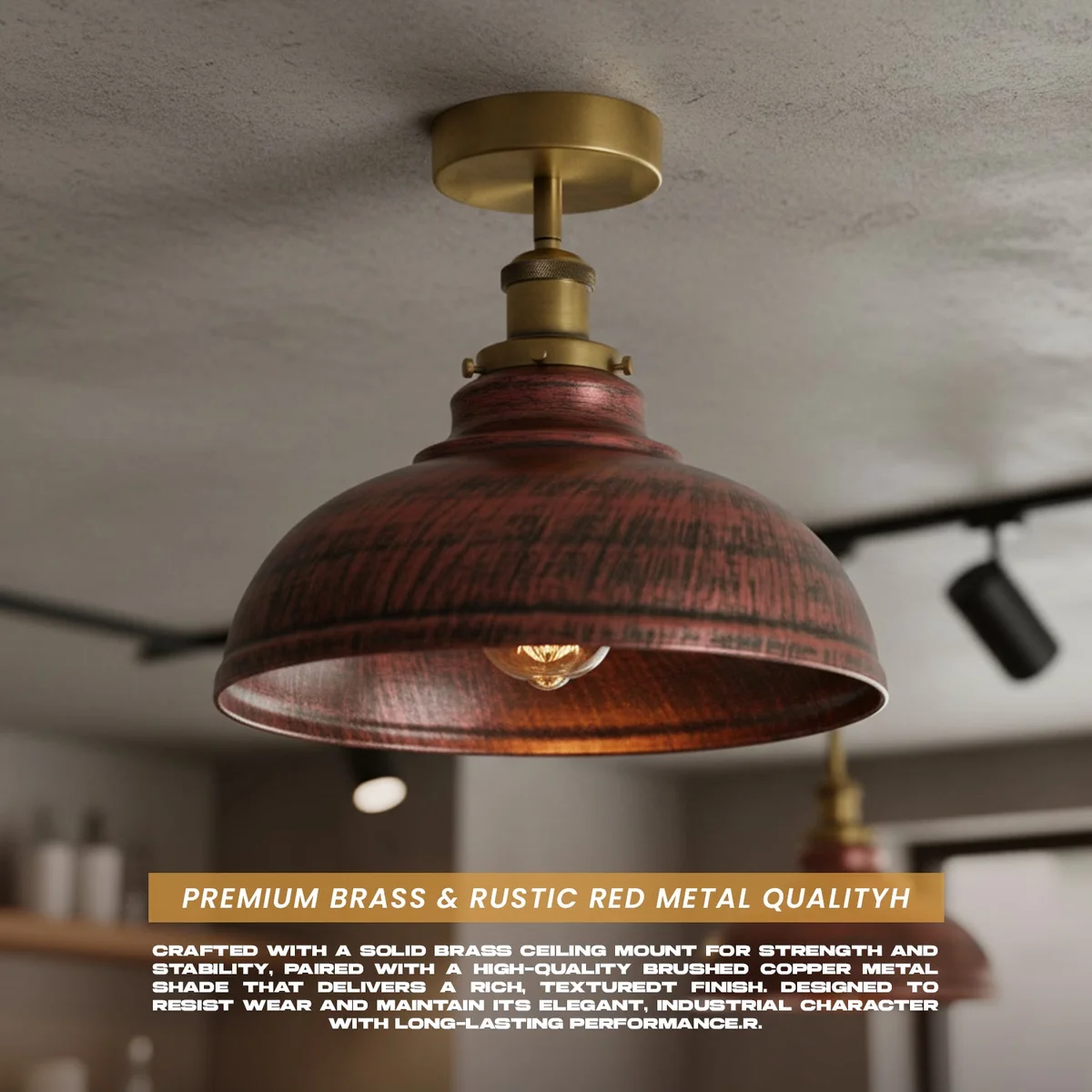 Vintage metal dome light in brushed copper finish with curved shade, semi-flush ceiling mount, industrial style design