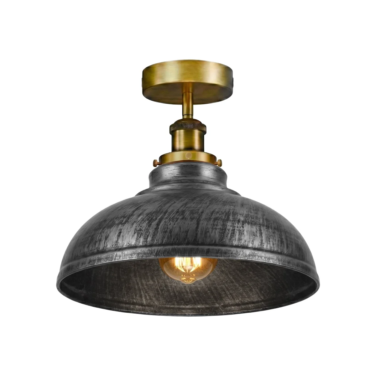 Retro industrial ceiling lamp with a curved metal dome shade in brushed copper finish, mounted on a white ceiling