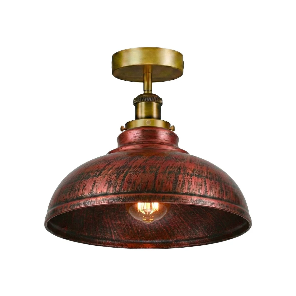 Rustic Red industrial semi-flush ceiling light UK with metal dome shade casting warm downward glow in modern living room