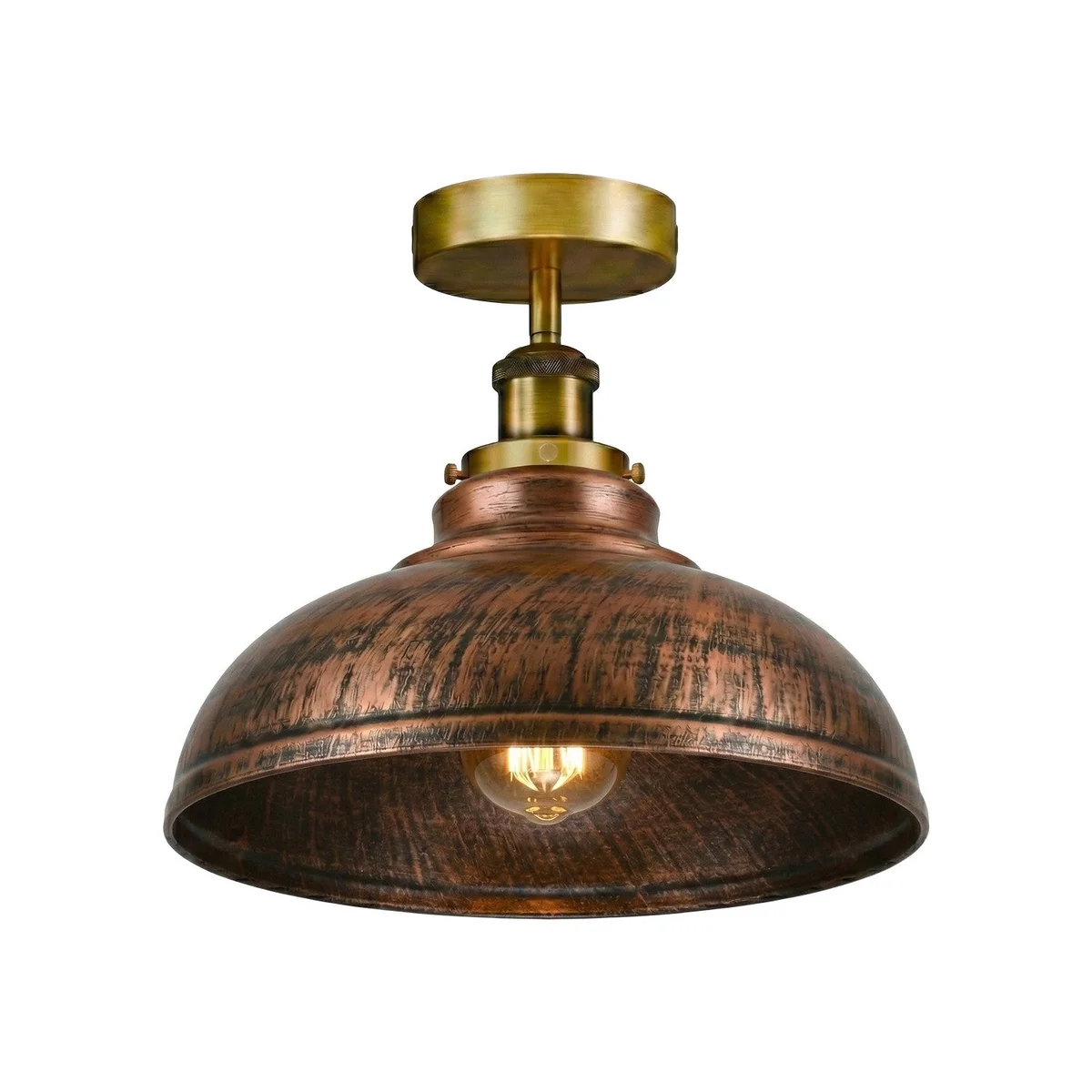 Rustic red metal dome ceiling light mounted on white ceiling, casting warm focused light downward in a modern room