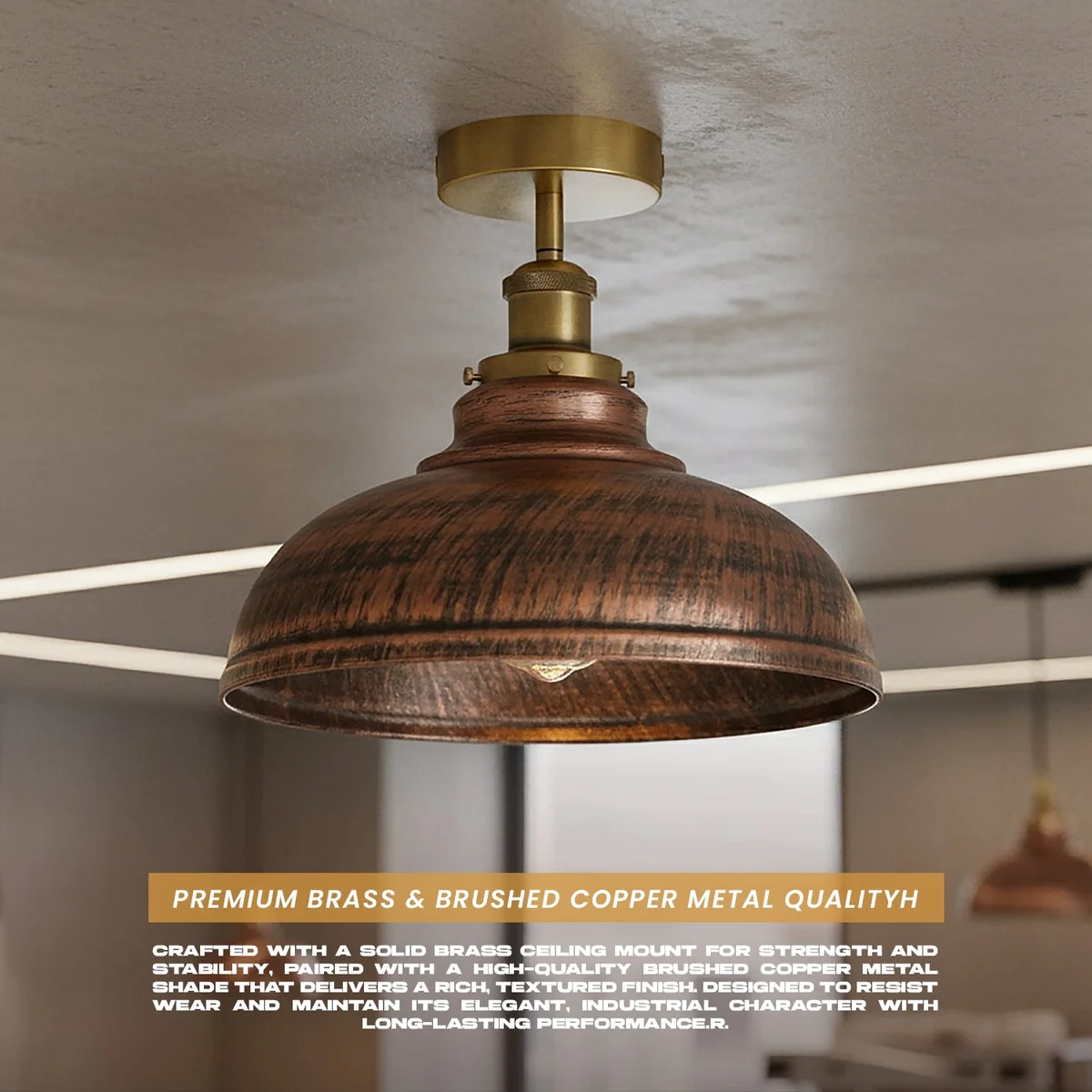 Industrial semi-flush ceiling light with vintage metal dome shade in rustic red finish mounted on white ceiling
