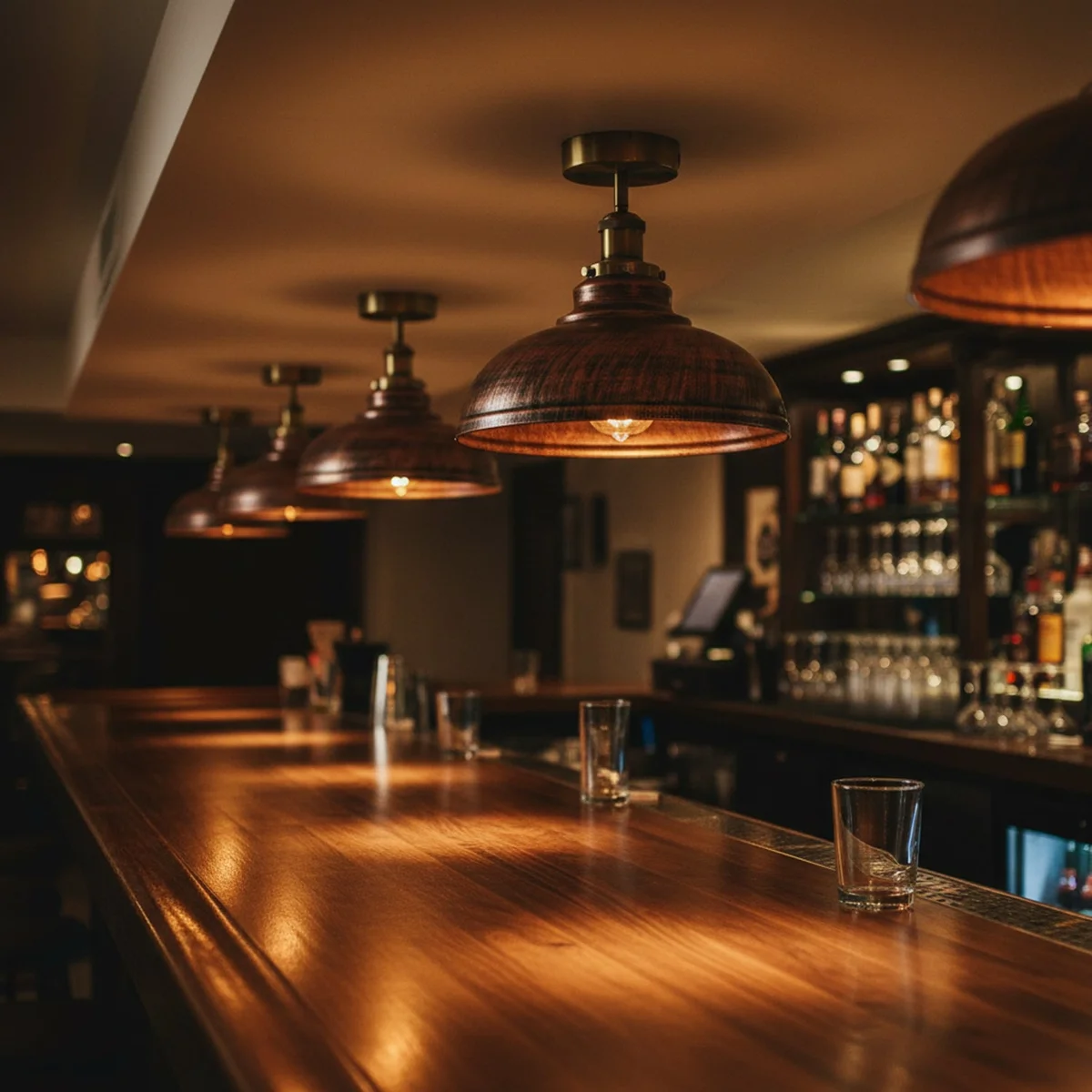 Industrial semi-flush ceiling light with vintage metal dome shade in brushed copper finish mounted on ceiling