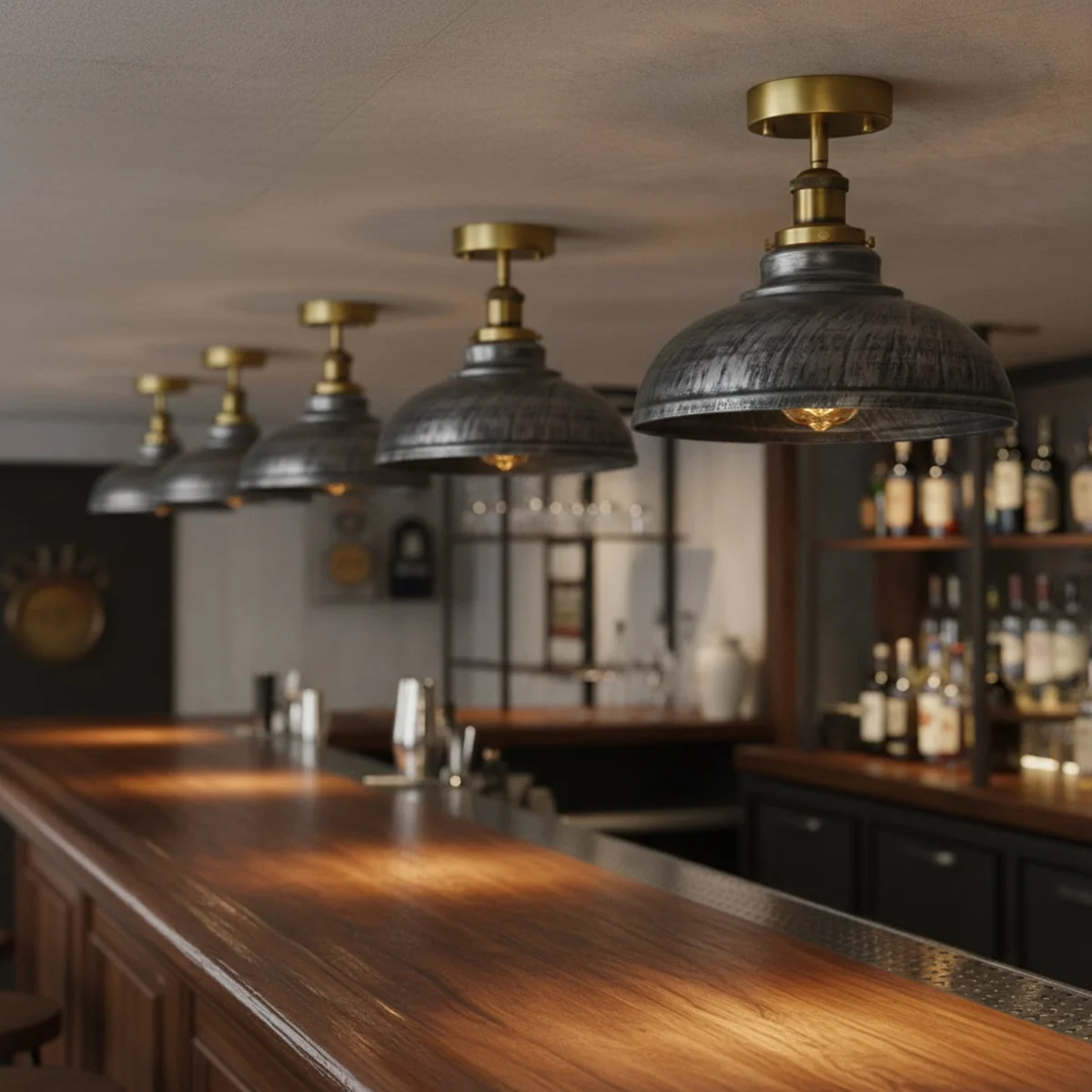 Industrial semi-flush ceiling light with vintage metal dome shade in rustic red finish mounted on white ceiling