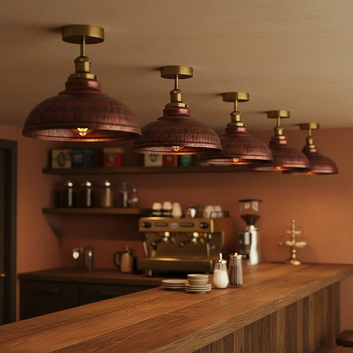 industrial semi-flush ceiling light with rustic red metal dome shade casting warm focused light in modern room setting