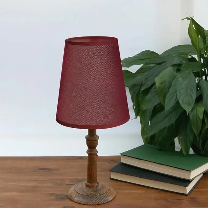 Fabric easy fit lampshade in burgundy with gold interior, 30cm size, LED bulb included and reducer plate adaptor visible