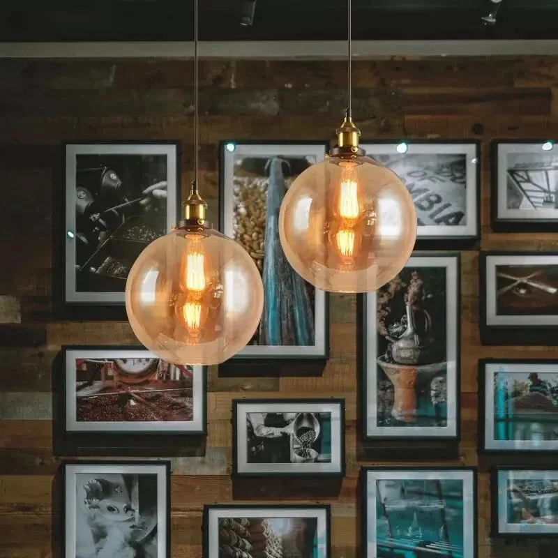 Amber glass globe pendant with brass hardware, hanging modern glass ceiling light with 95cm PVC cable