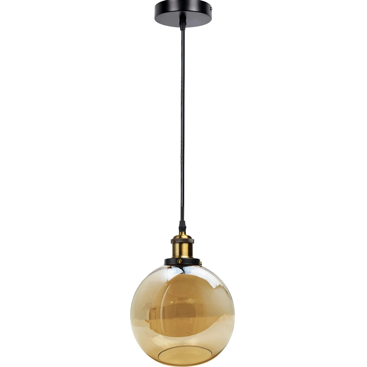 Amber glass cord pendant light fixture with brass hardware hanging against a white background