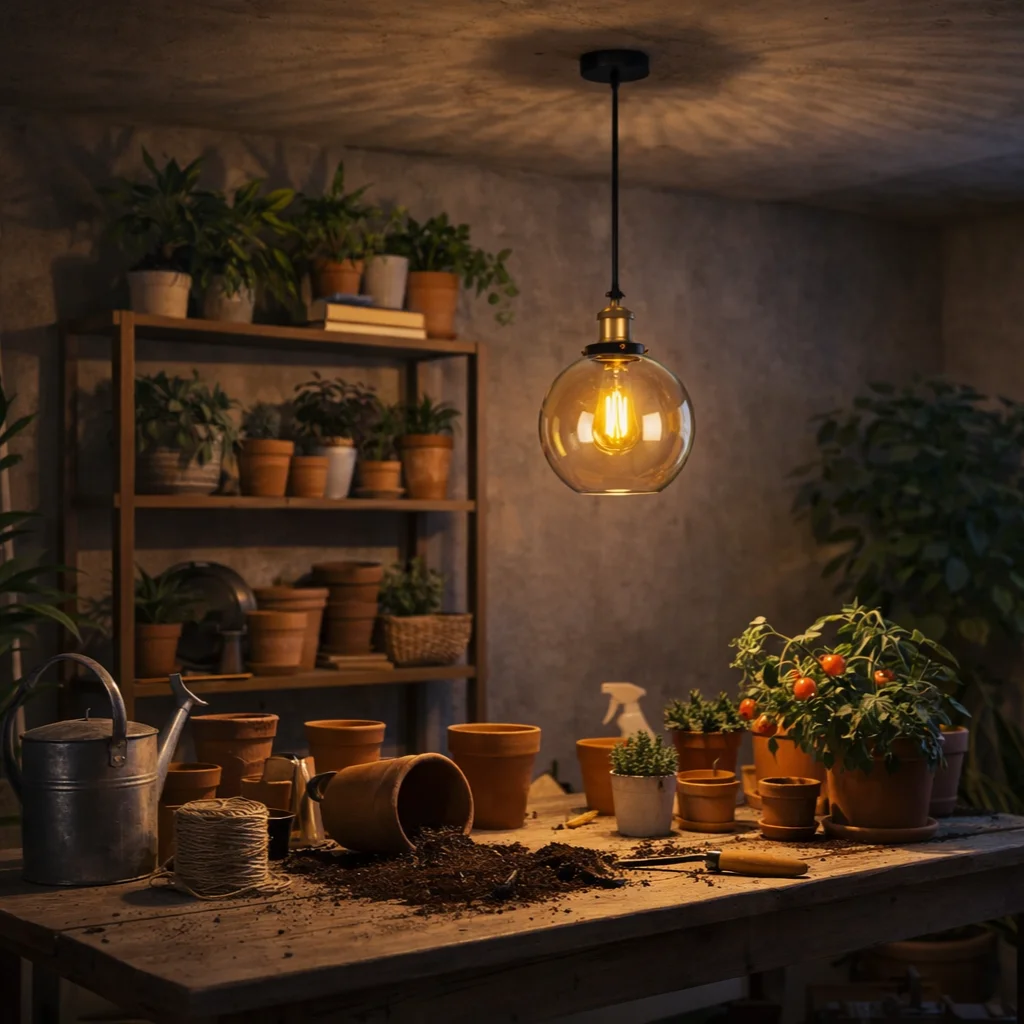 Amber vintage glass globe pendant light with brass finish and E27 bulb pendant light fitting hanging from ceiling