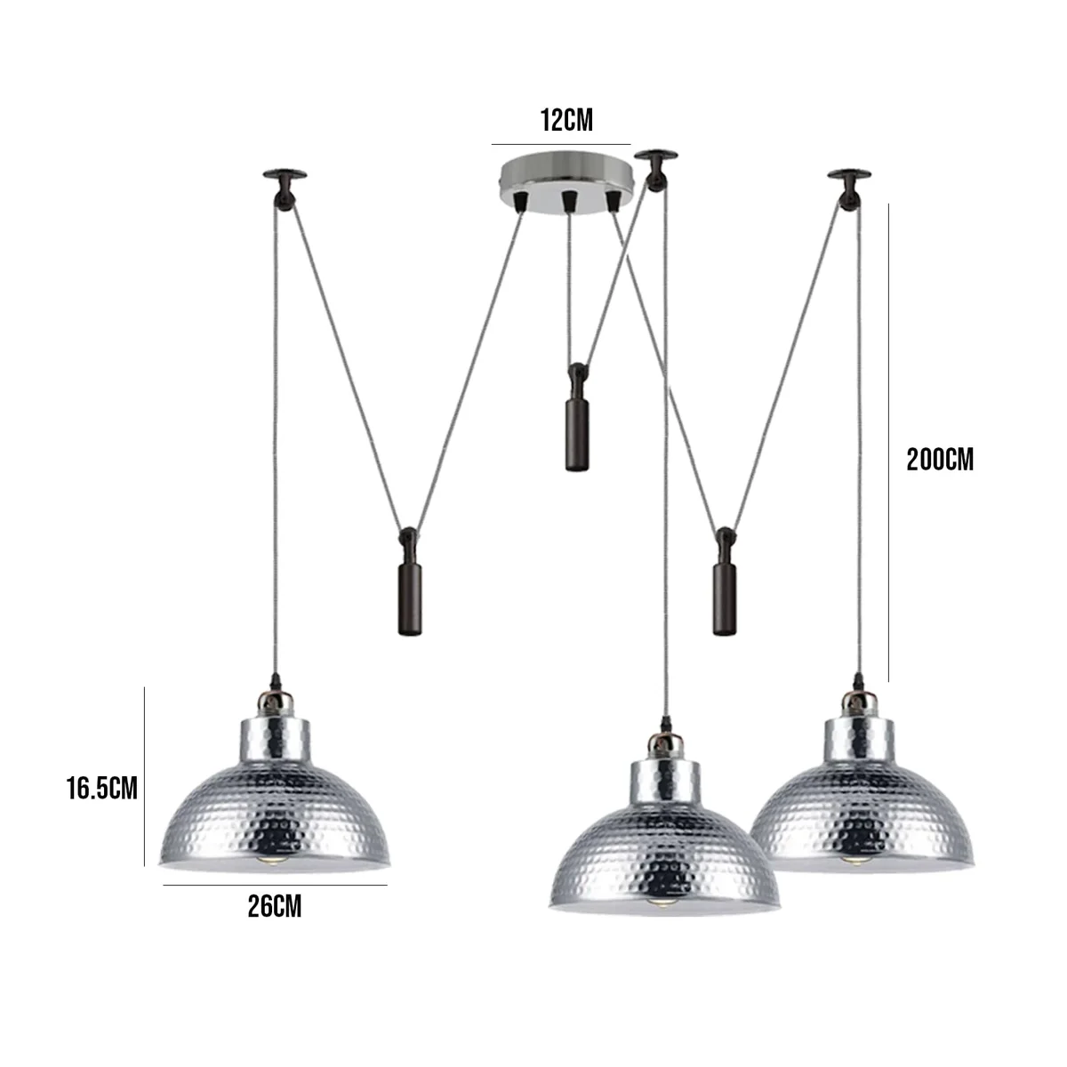 Three vintage industrial adjustable pendant lights with metal shades hanging over a dining table with 2m cables