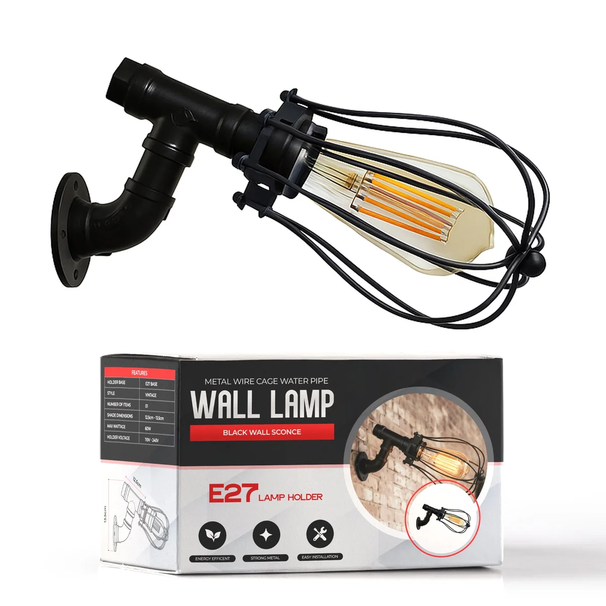 Black vintage industrial steampunk wall sconce with wire cage and pipe design, suitable for indoor wall mounting