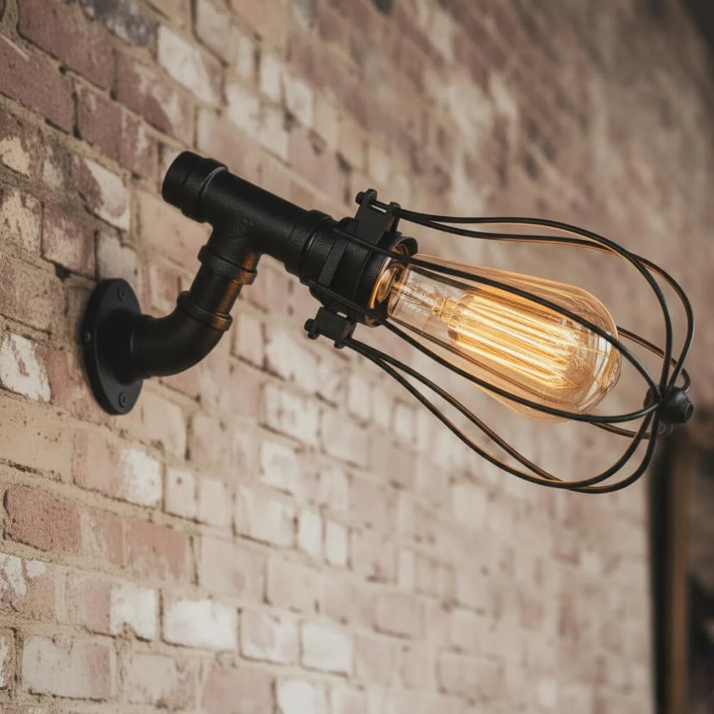 Black vintage industrial wall light with steampunk wire cage and metal pipe design mounted on a wall