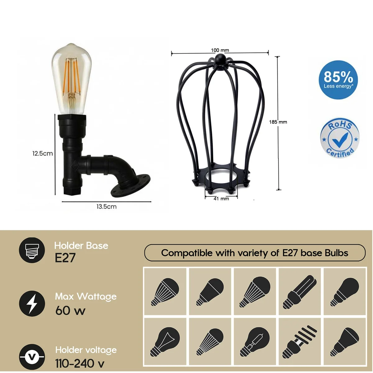 Black vintage wire cage sconce with steampunk pipe design mounted on a white indoor wall, no bulb installed