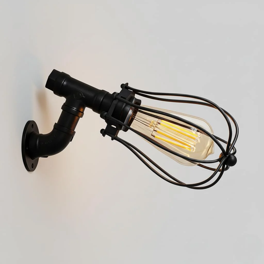 Black metal wall lamp with vintage industrial steampunk wire cage and water pipe design mounted on a white wall