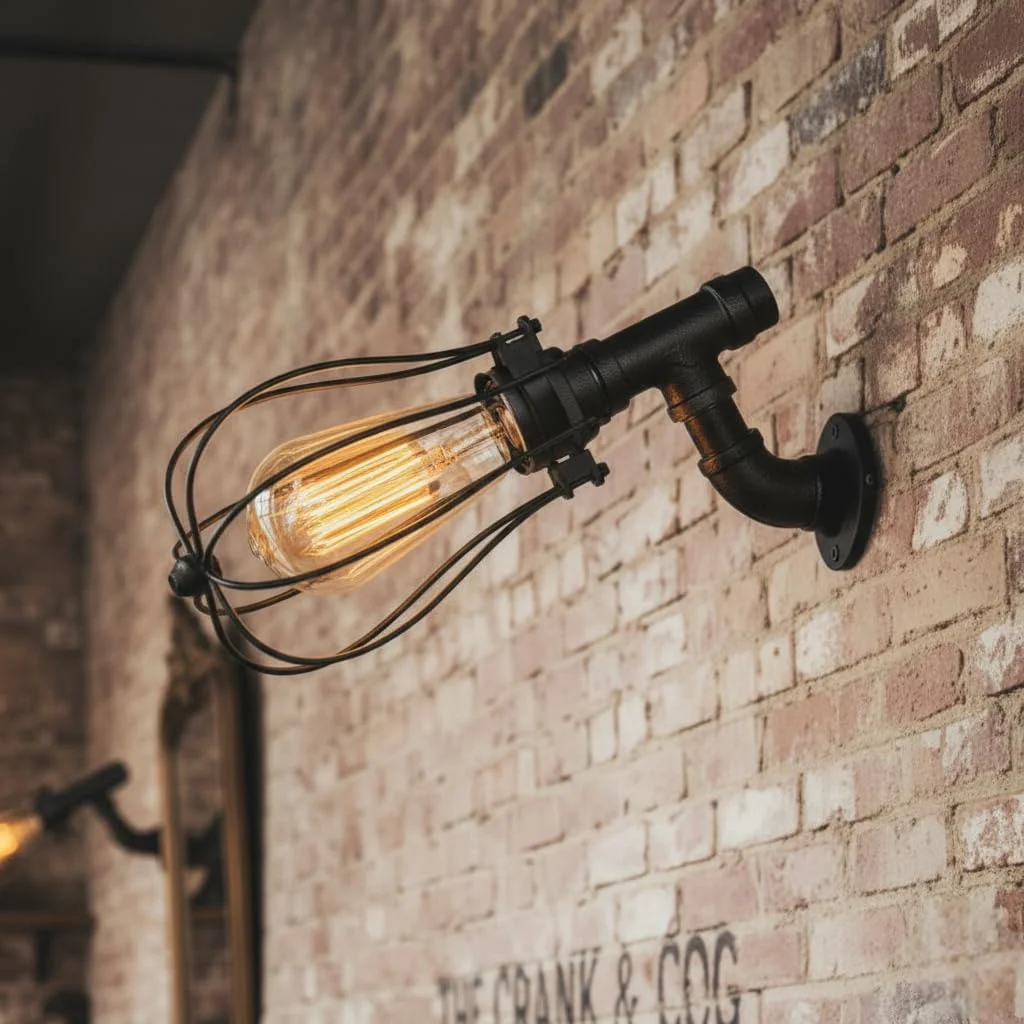 Black vintage industrial steampunk wire cage wall sconce with E27 bulb wall light, mounted on white wall