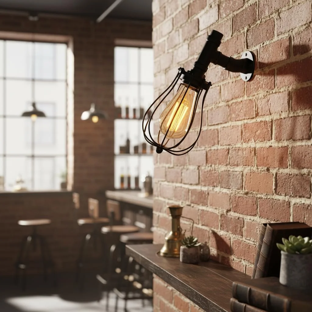 Black vintage industrial steampunk wall sconce with wire cage and water pipe design mounted on a wall