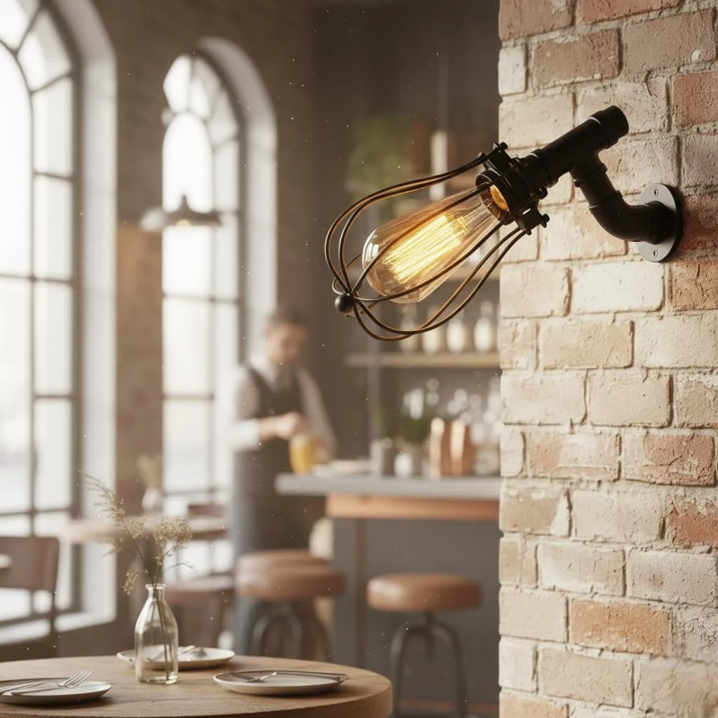 Black metal steampunk wall sconce with wire cage shade and industrial pipe design mounted on a white wall