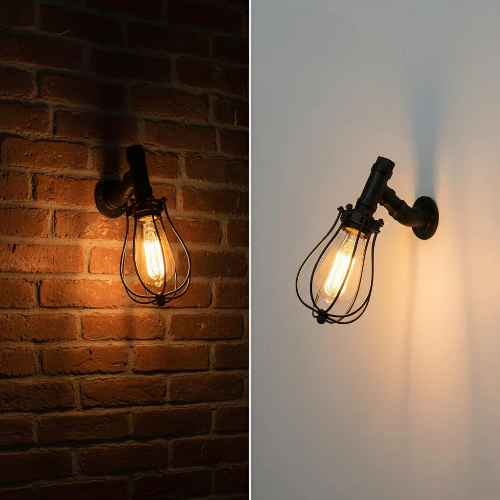 Black vintage industrial steampunk wall sconce with metal wire cage and pipe design mounted on a wall