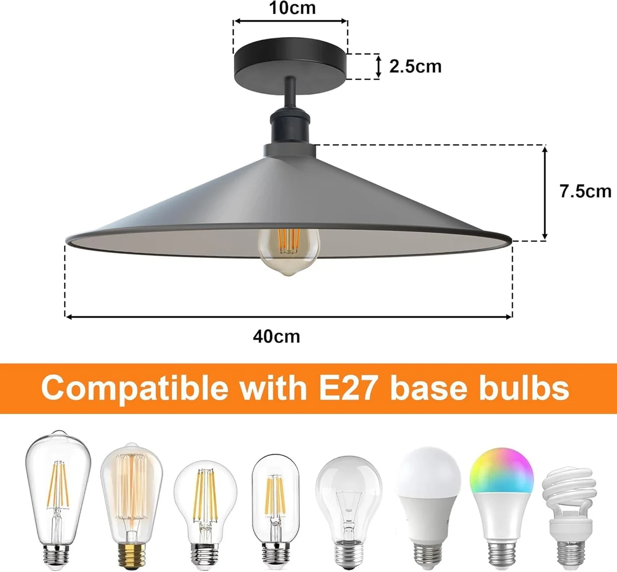 Two 40cm vintage industrial flush mount ceiling lights with metal anti-rust shades in black finish