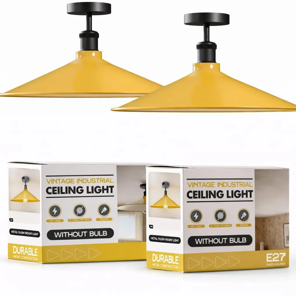 Two vintage industrial flush mount ceiling lights with 40cm metal shades and E27 base ceiling lights in black finish