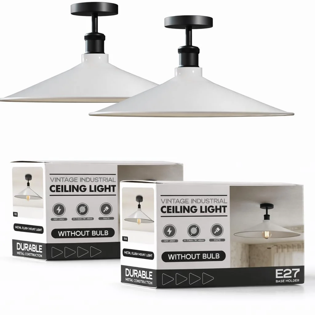 Two 40cm vintage industrial style ceiling lights with flat metal shades in black, shown installed on a white ceiling