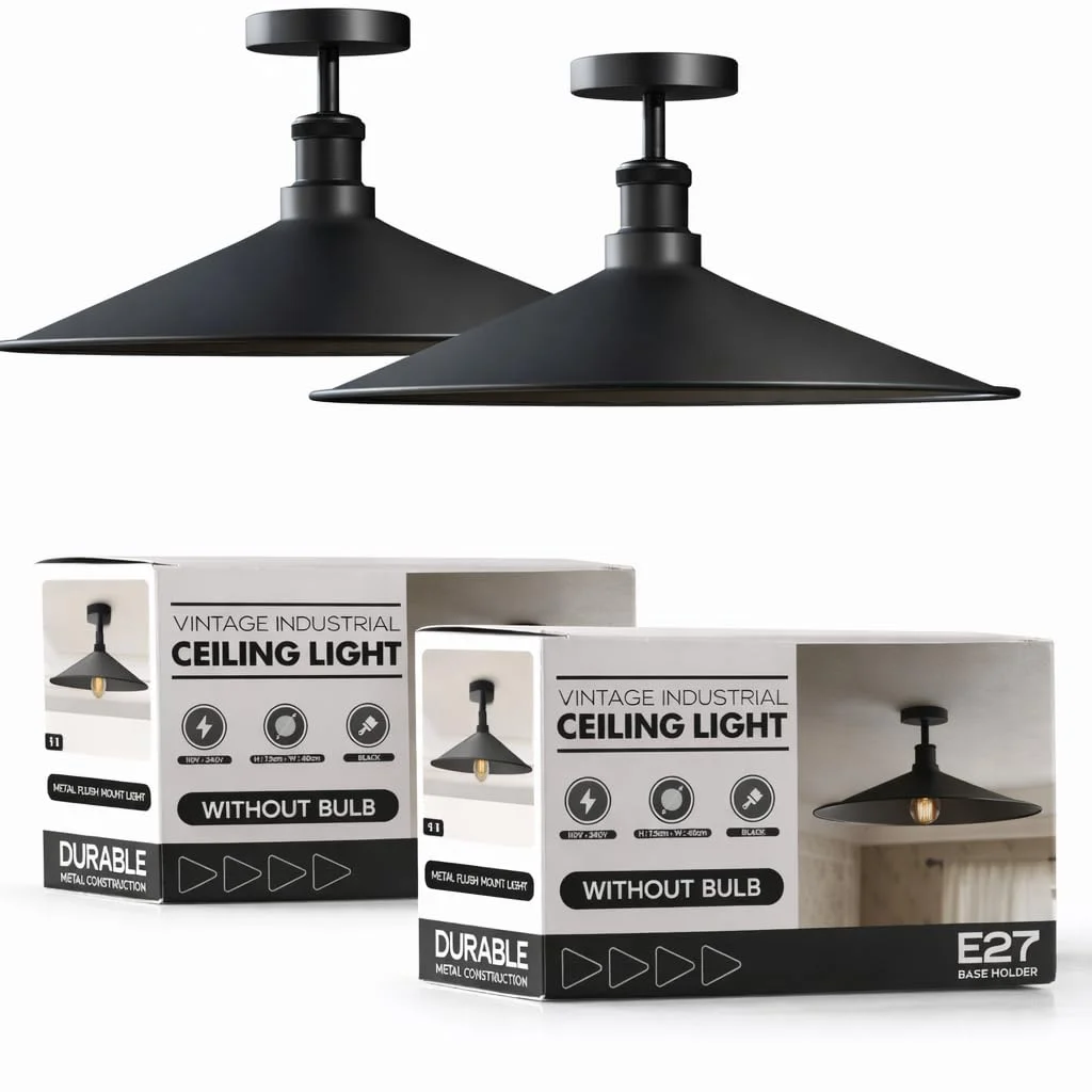Two vintage industrial ceiling lights with 40cm anti-rust metal shades in black, flush mounted on a white ceiling