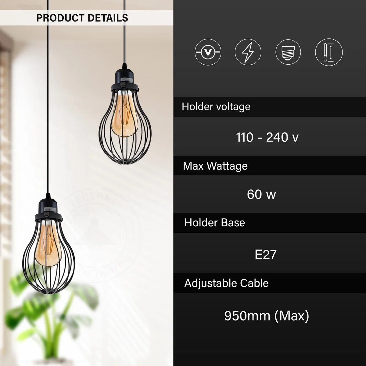 Vintage wire cage pendant light with adjustable black and French gold metal frame and warm E27 bulb hanging from ceiling