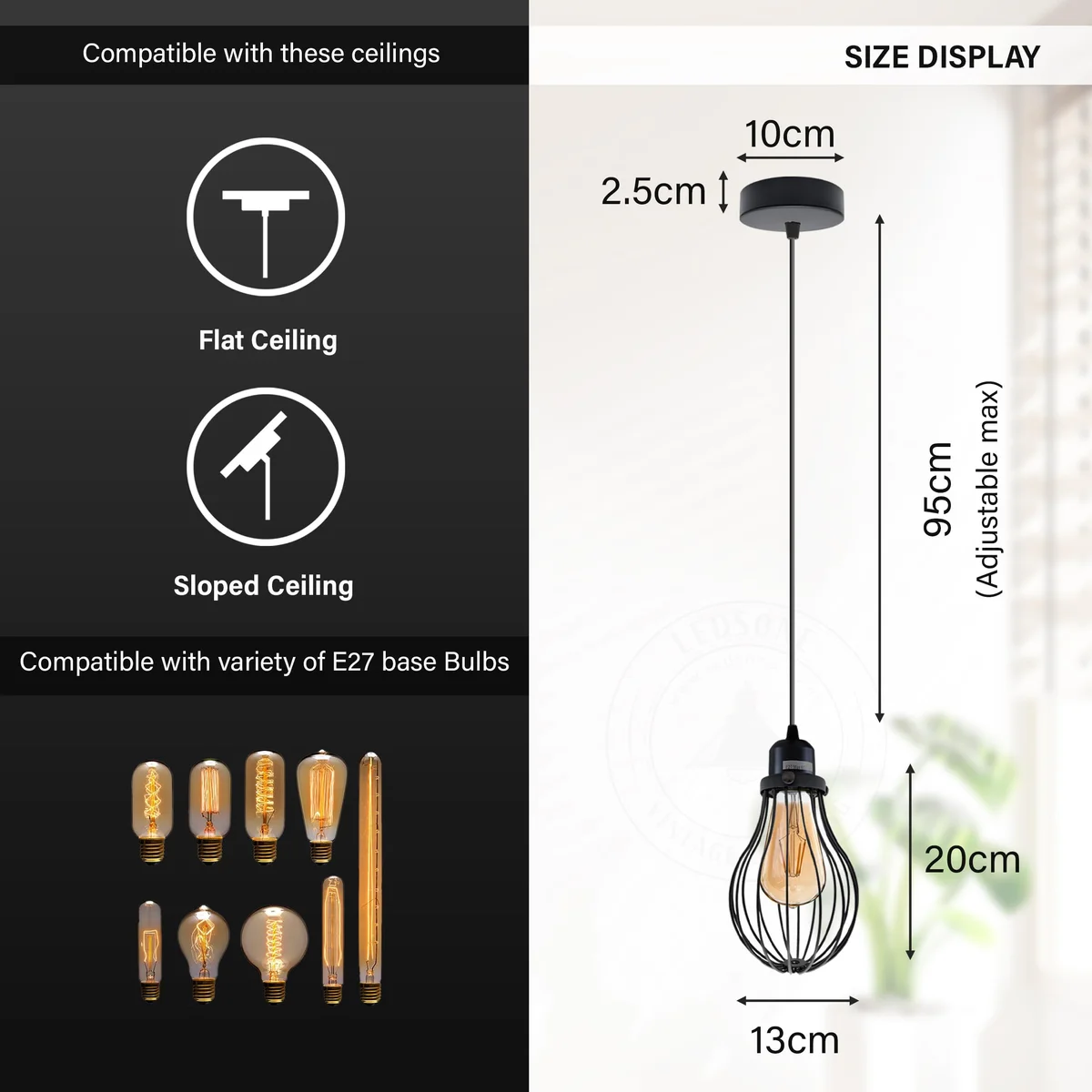 Adjustable pendant light with black and French gold wire cage, metal frame, and warm E27 bulb included, hanging cord visible