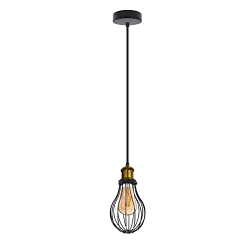 Adjustable black and French gold wire cage E27 bulb pendant light hanging over wooden table in modern rustic room