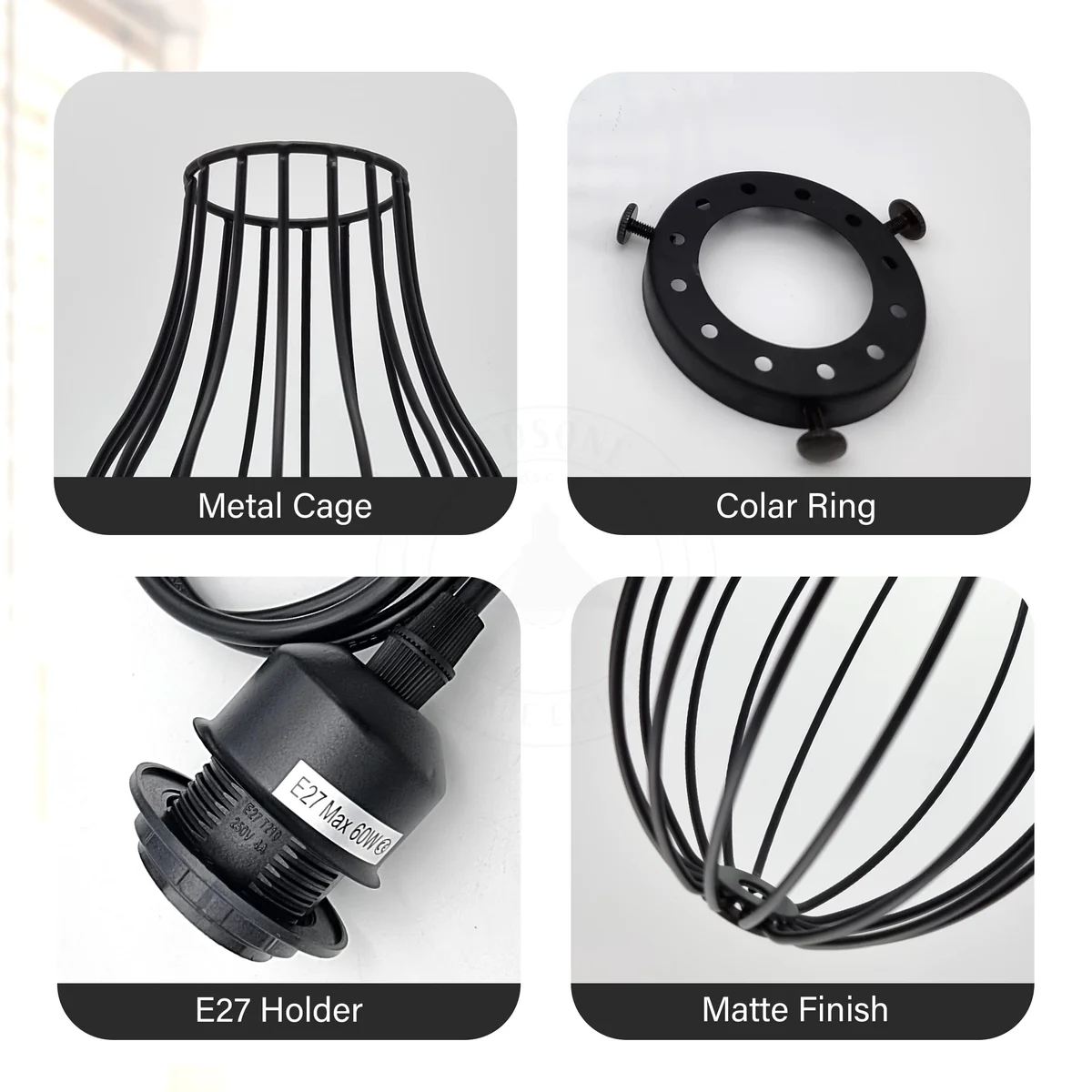 Vintage wire cage pendant light in black and French gold metal with adjustable hanging cord and E27 bulb installed