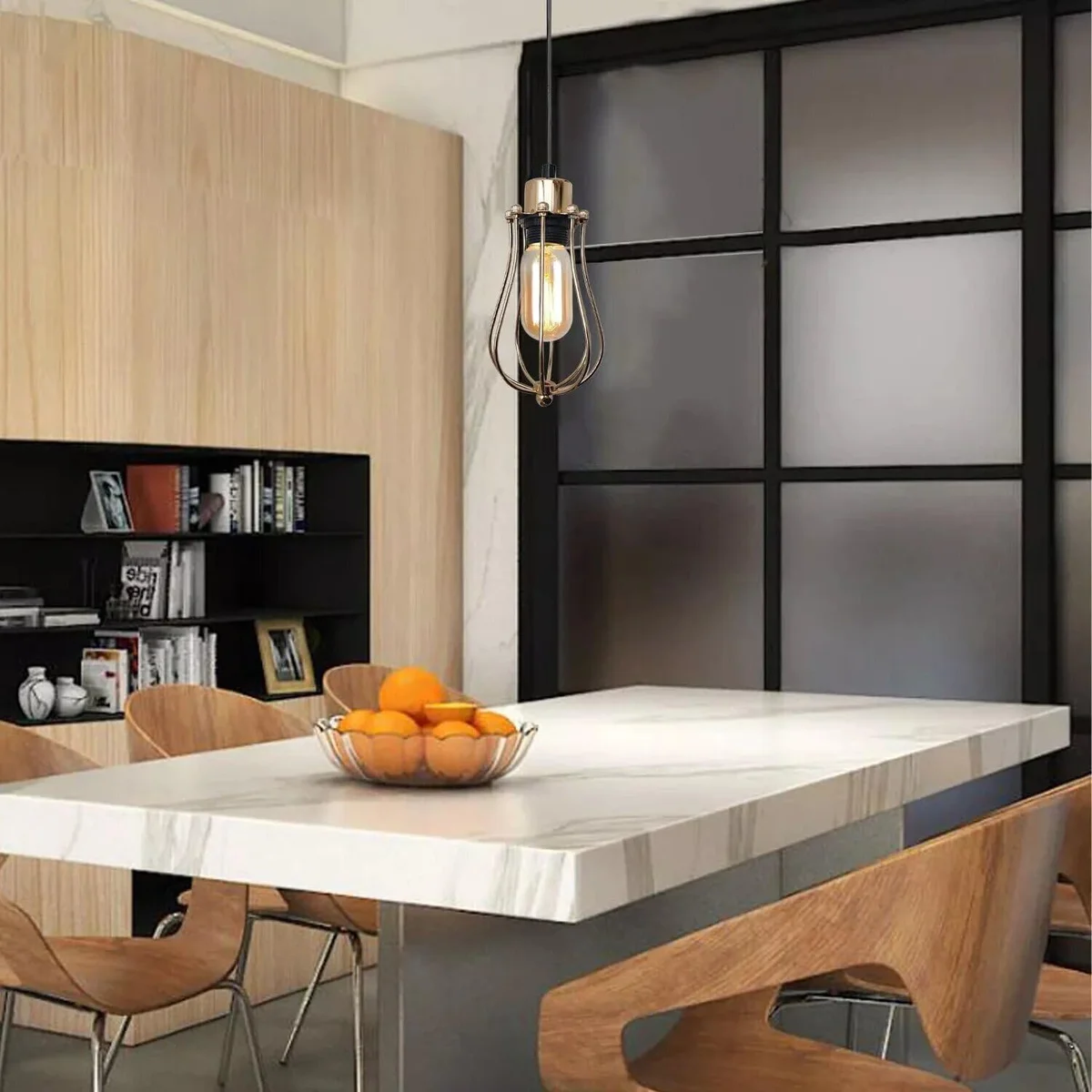 Vintage wire cage pendant light in black and French gold metal with adjustable hanging cord and E27 bulb installed