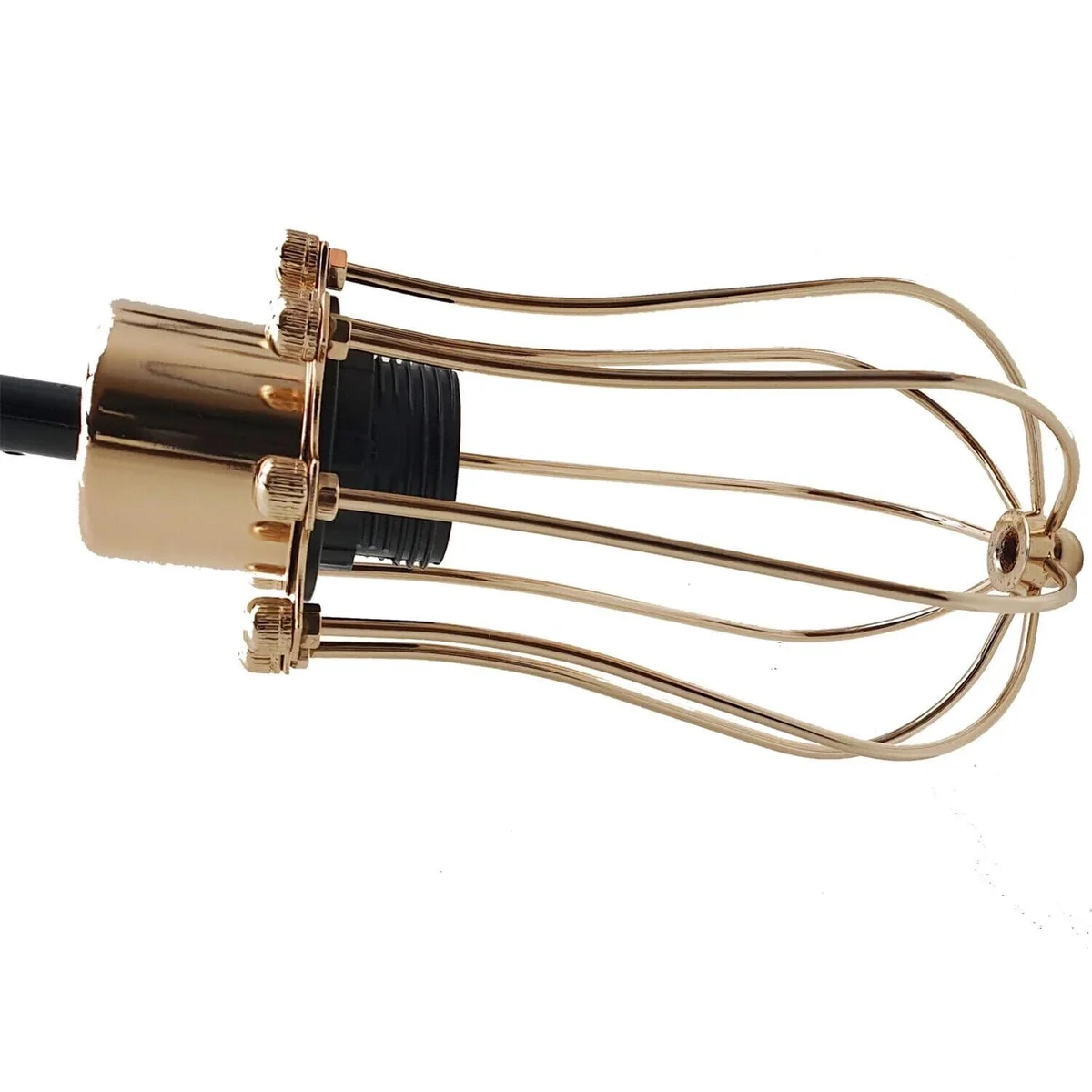 Vintage wire cage pendant light in French Gold and Black metal with adjustable cord hanging over wooden table