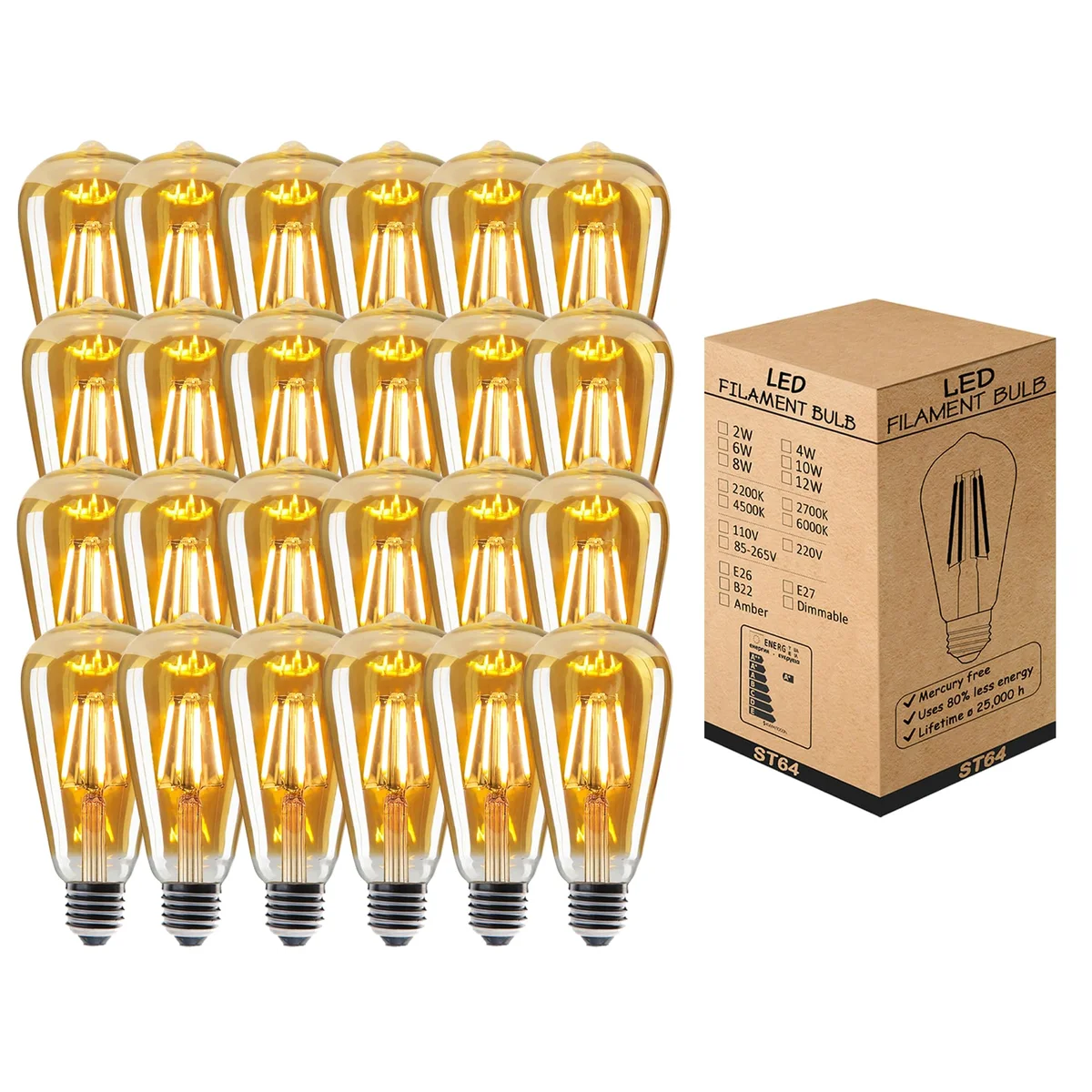 Pack of 24 vintage LED bulbs with E27 Edison screw base, tear drop shape, emitting warm white 2700K light
