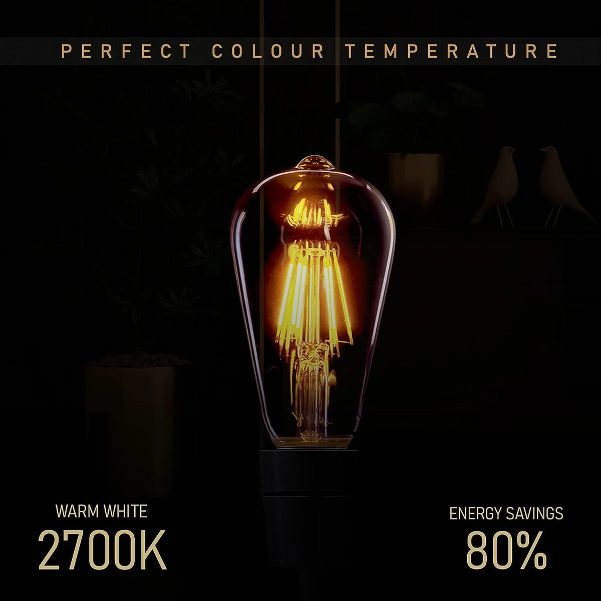 Set of six warm white ST64 LED indoor decorative bulbs with E27 screw base, vintage tear drop shape, glowing amber light