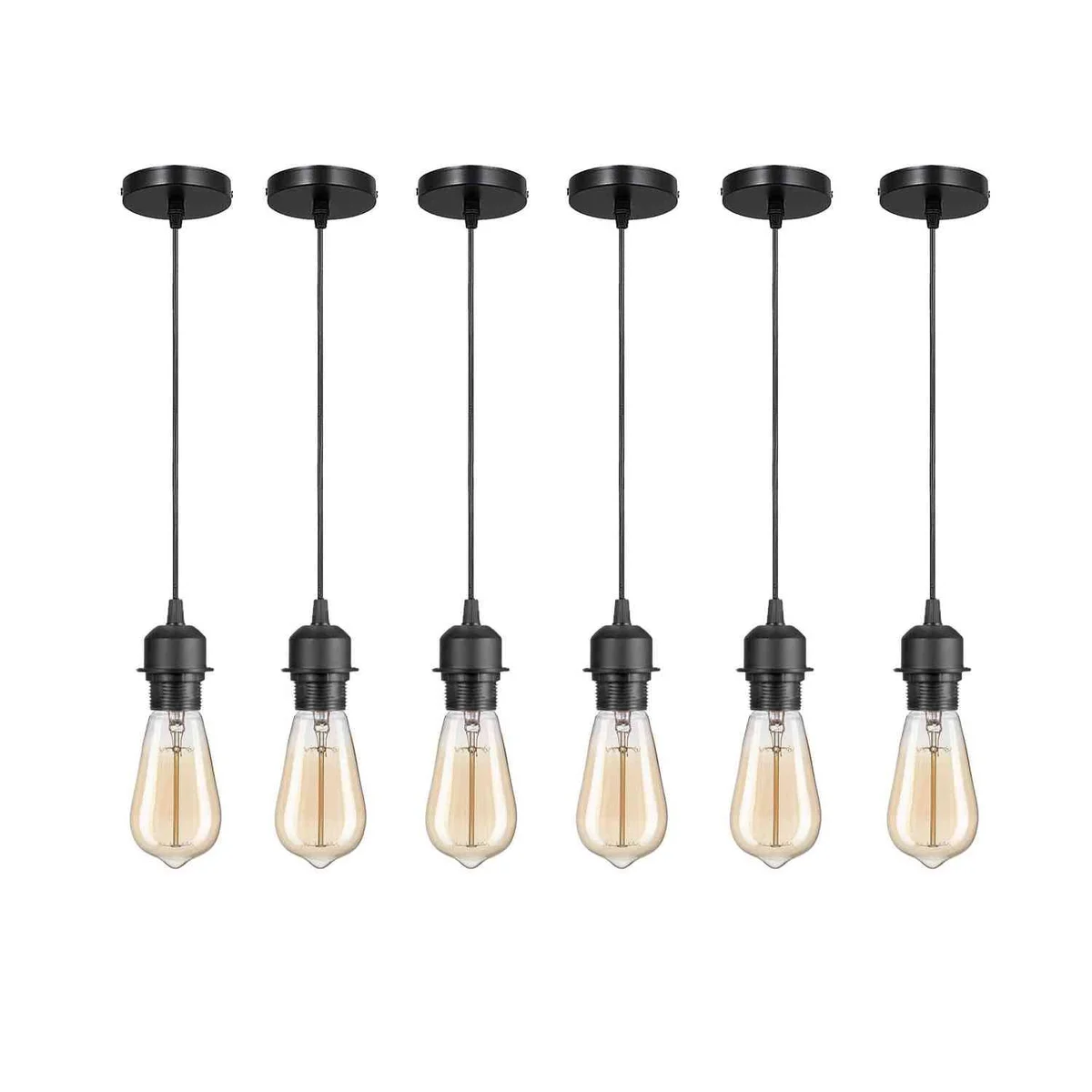 Six black industrial pendant lights with adjustable cables and metal ceiling roses arranged in a row against white background