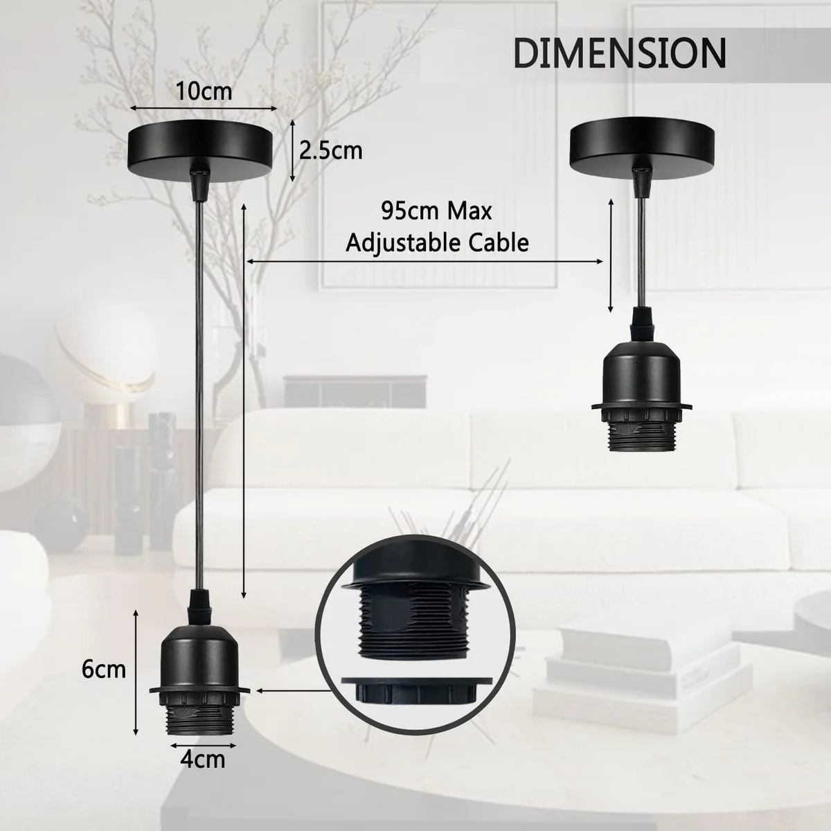 Six black industrial adjustable ceiling lamps with metal fittings and braided cables hanging in a row against white background