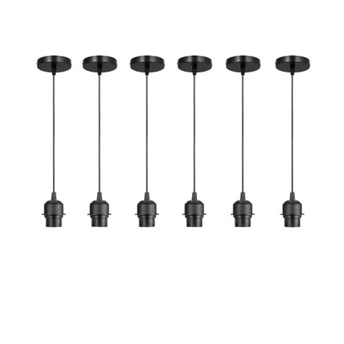 Six black adjustable pendant E27 ceiling light fittings with braided cables and metal ceiling roses displayed on white background