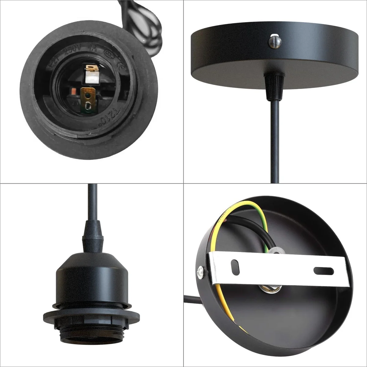 Six black metal pendant lights with adjustable braided cables and metal ceiling roses arranged in a row against white background