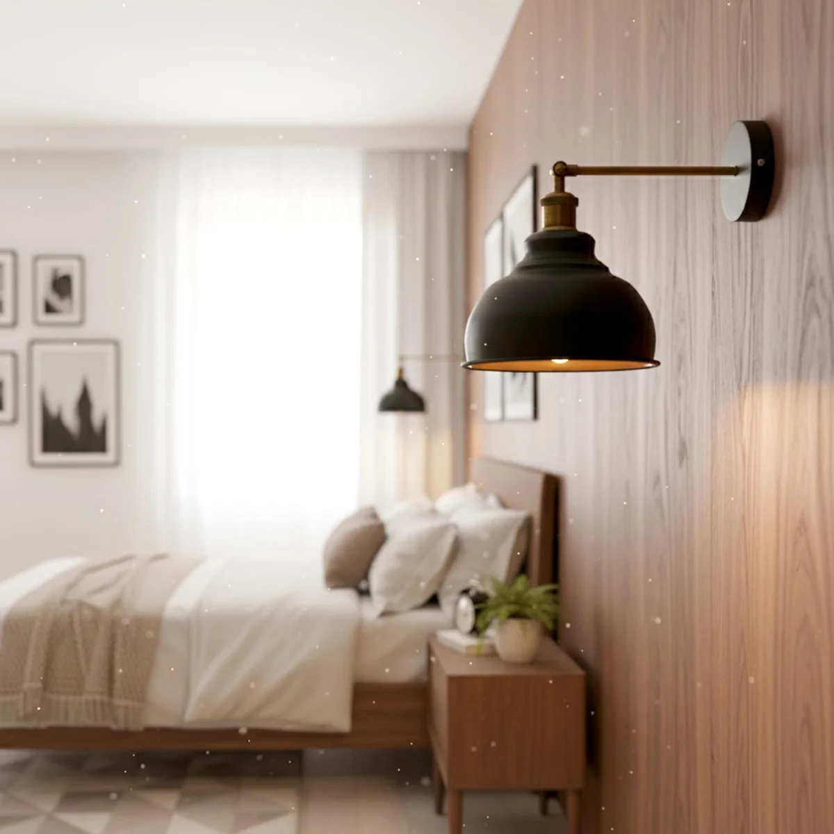 Matte black industrial metal wall sconce with adjustable arm and dome shade for indoor wall lighting in living spaces