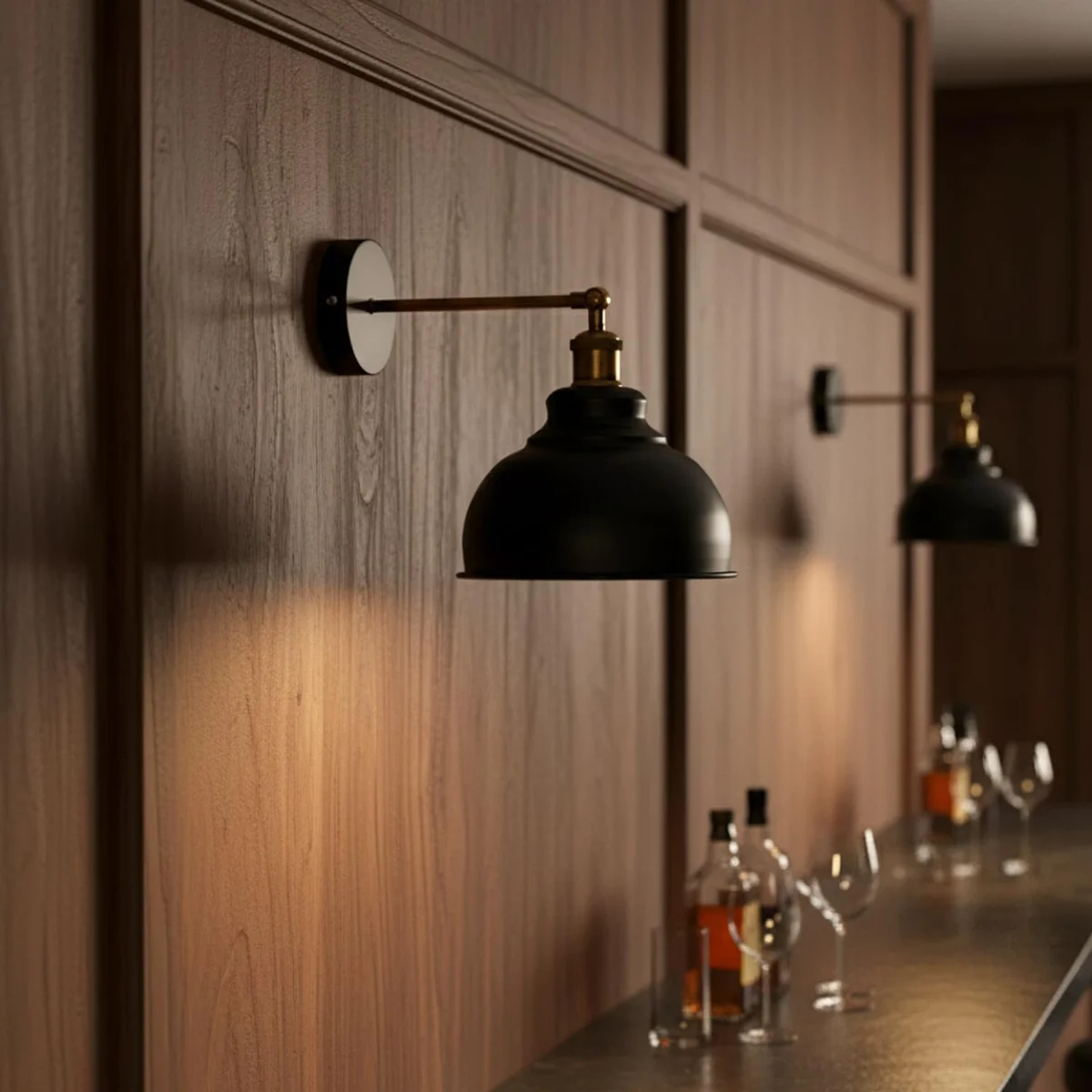 Matte black industrial metal wall sconce with adjustable arm and dome shade, E27 bulb wall light for indoor use