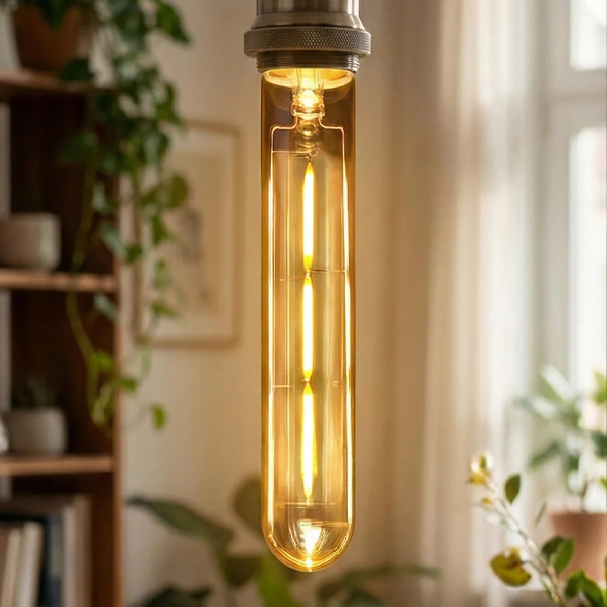 Vintage LED bulb with long tubular amber glass and visible filament, E27 base, dimmable warm white light