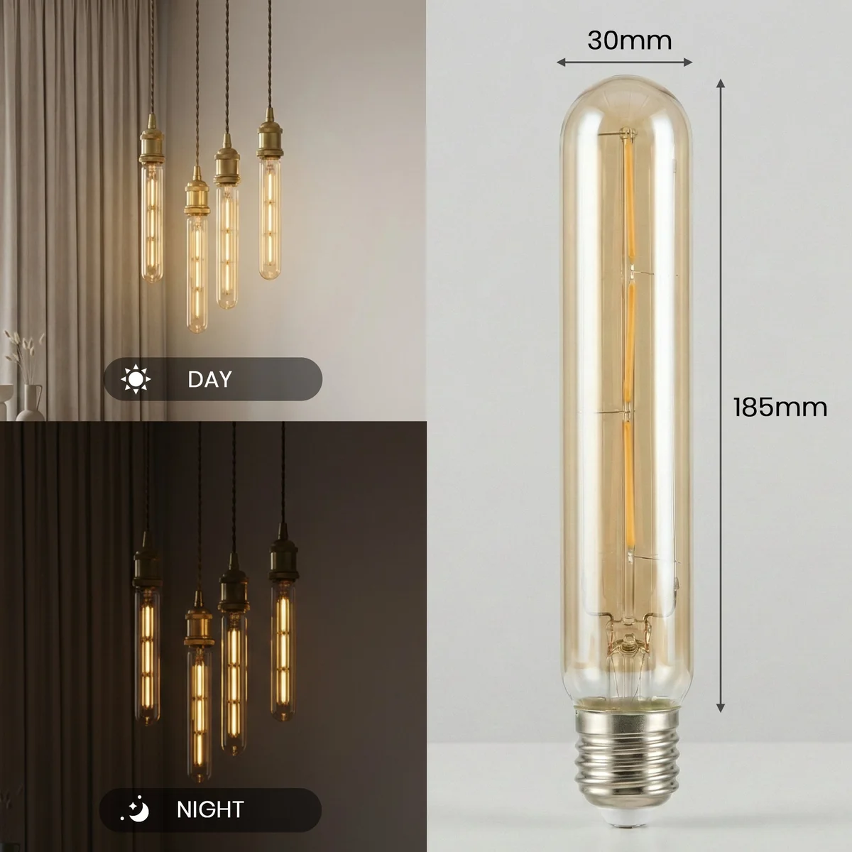 Vintage T185 tubular dimmable LED bulb with amber glass and exposed filament on white background